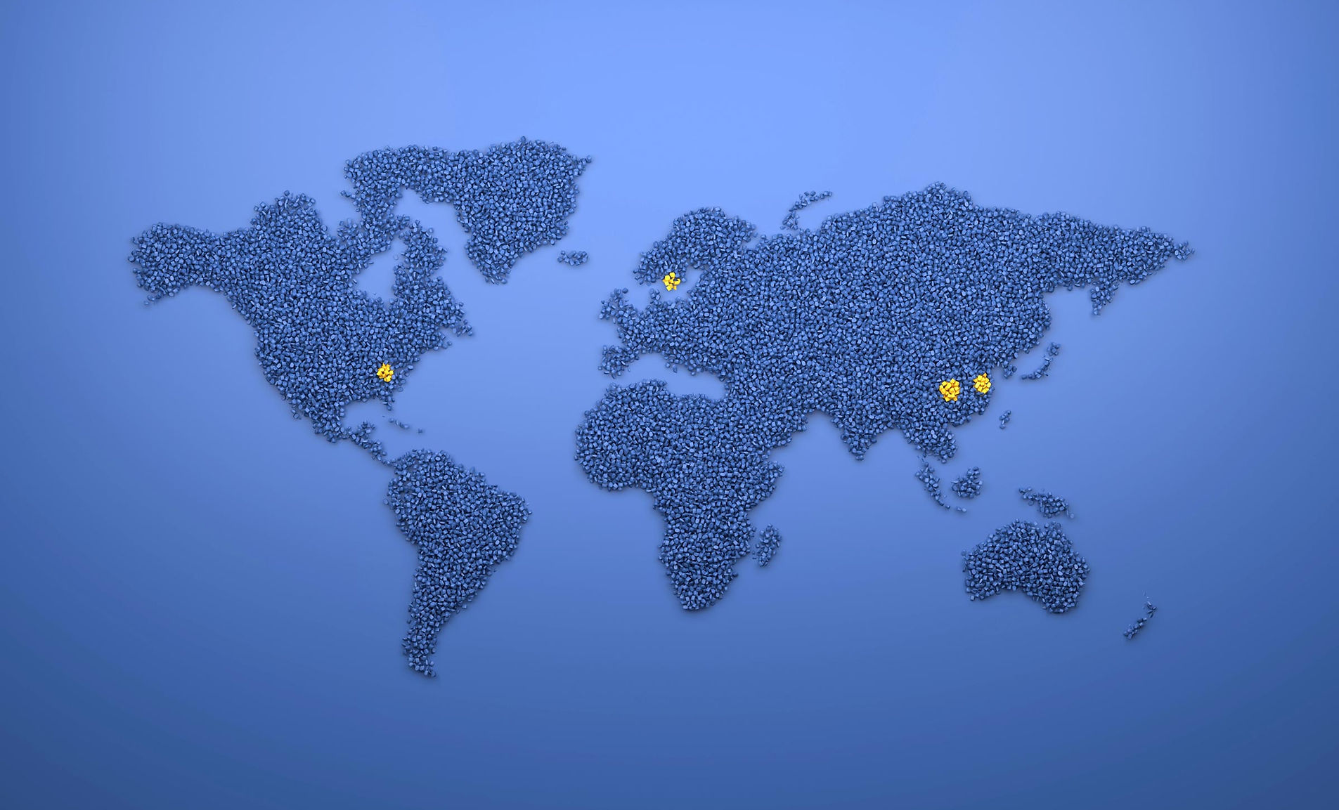 Världskarta illustrerad med hjälp av plastgranualat i 3D