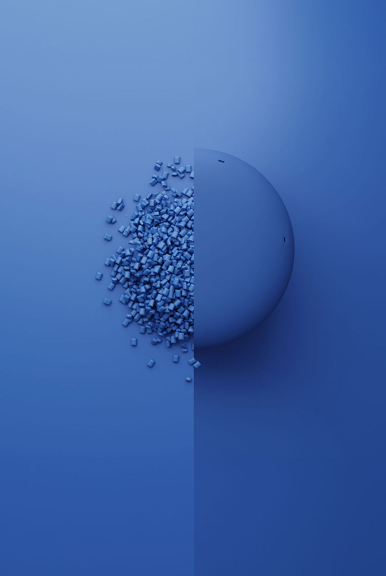 3D-animerad plastdetalj och dess granulat